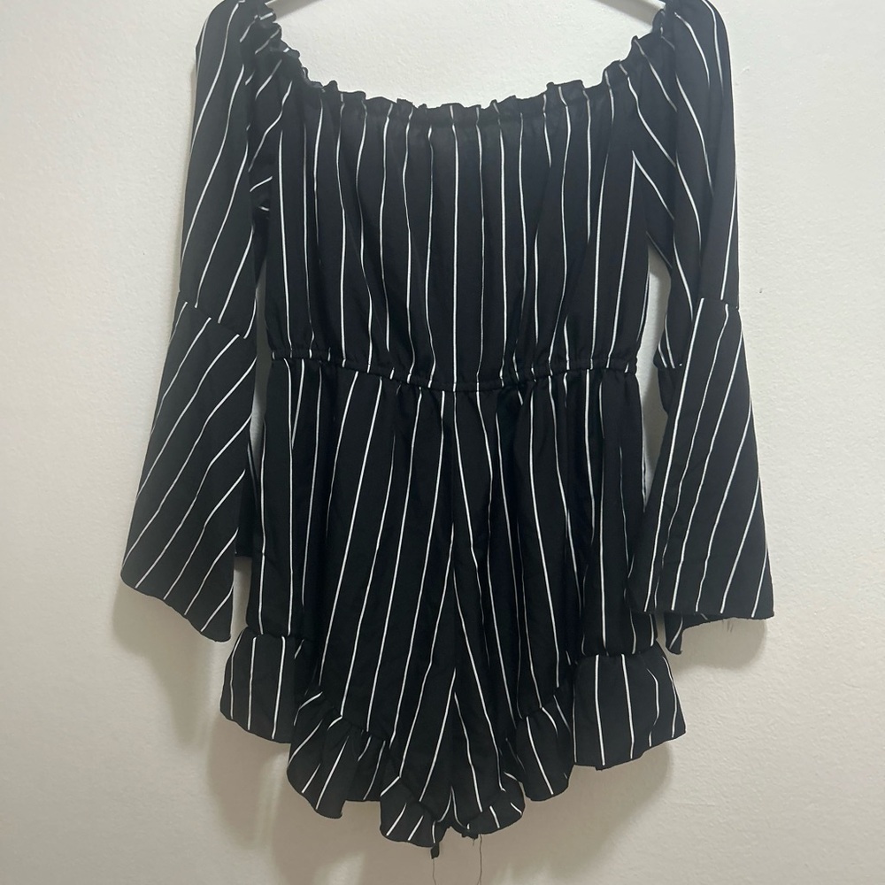 Black and White Striped Off-Shoulder Romper